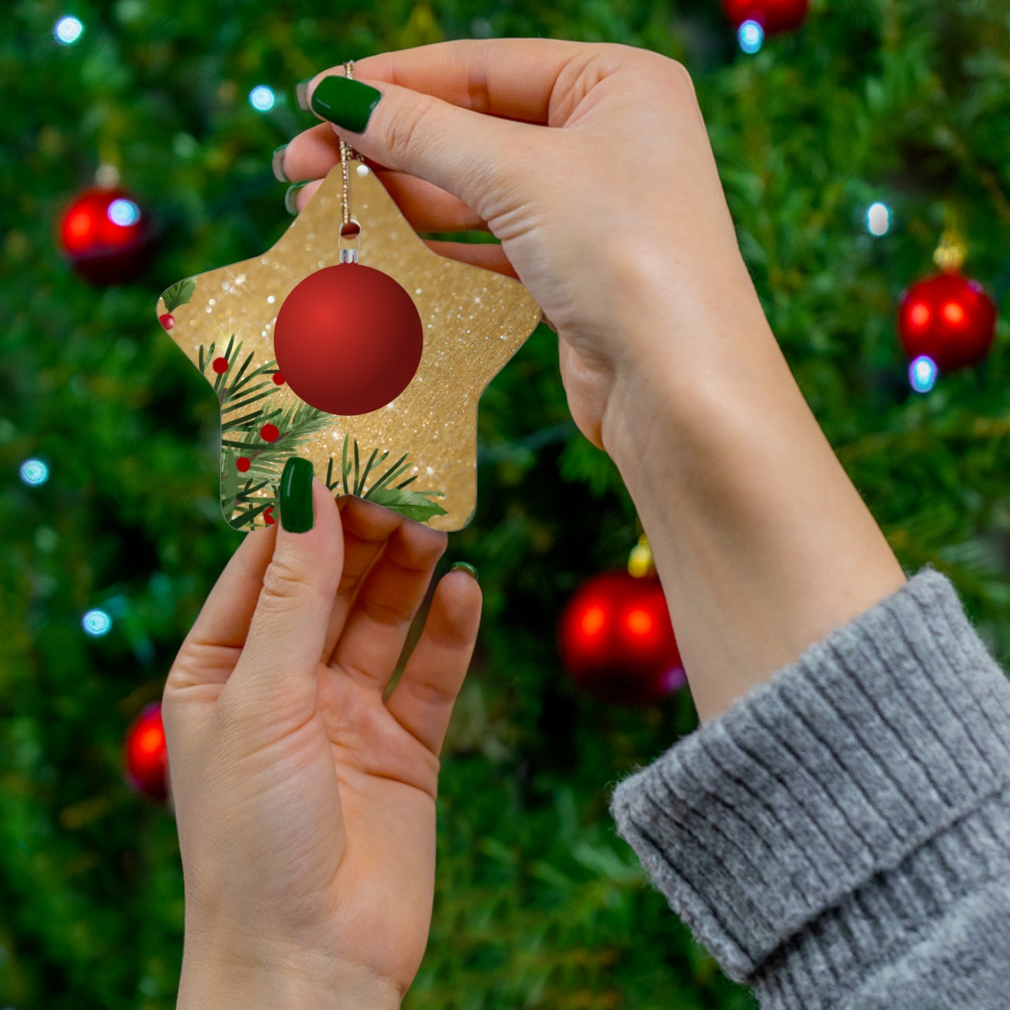 Festive Red Glow - Ceramic Ornament, 4 Shapes