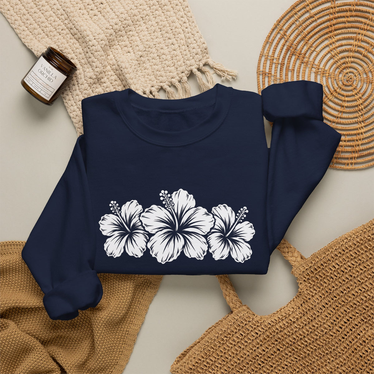Hibiscus Floral Crewneck Sweatshirt,  Tropical Flower Graphic - 14996