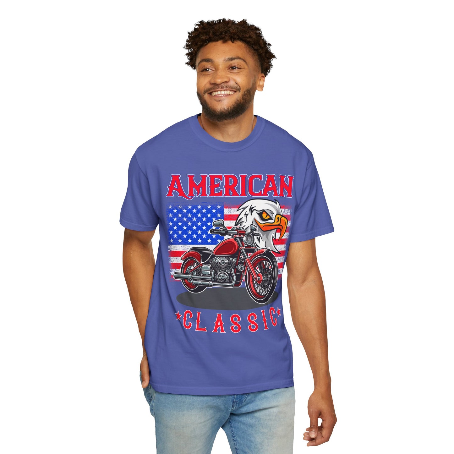 American Classic Tee, Unisex Garment-Dyed T-shirt, Biker Gift, Patriotic Apparel, Rider and Eagle Fashion, Vintage Style - 13658