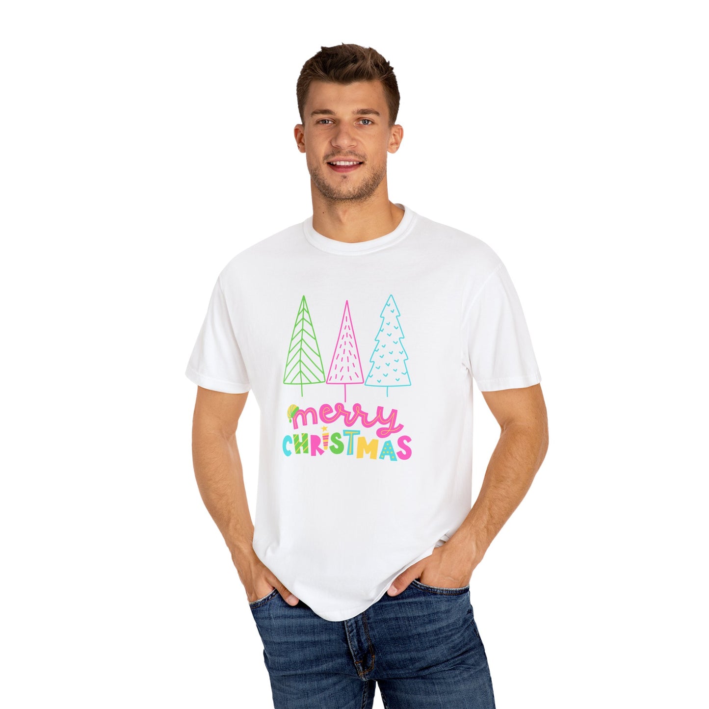 Trees, Merry Christmas - Unisex Garment-Dyed T-shirt - 10535