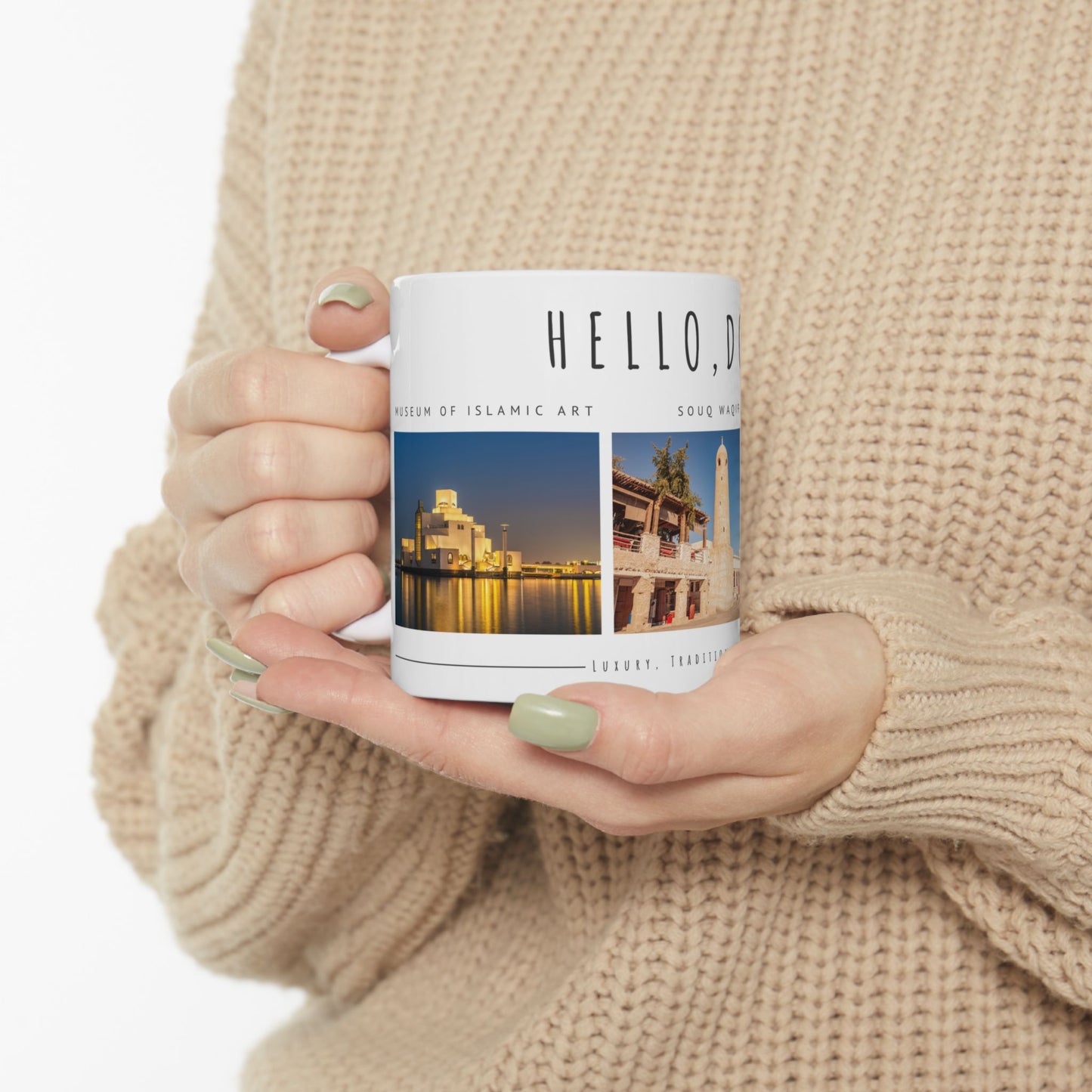 Hello Doha! Ceramic Travel Mug - 11oz & 15oz | Souq Waqif Art Design - 12108