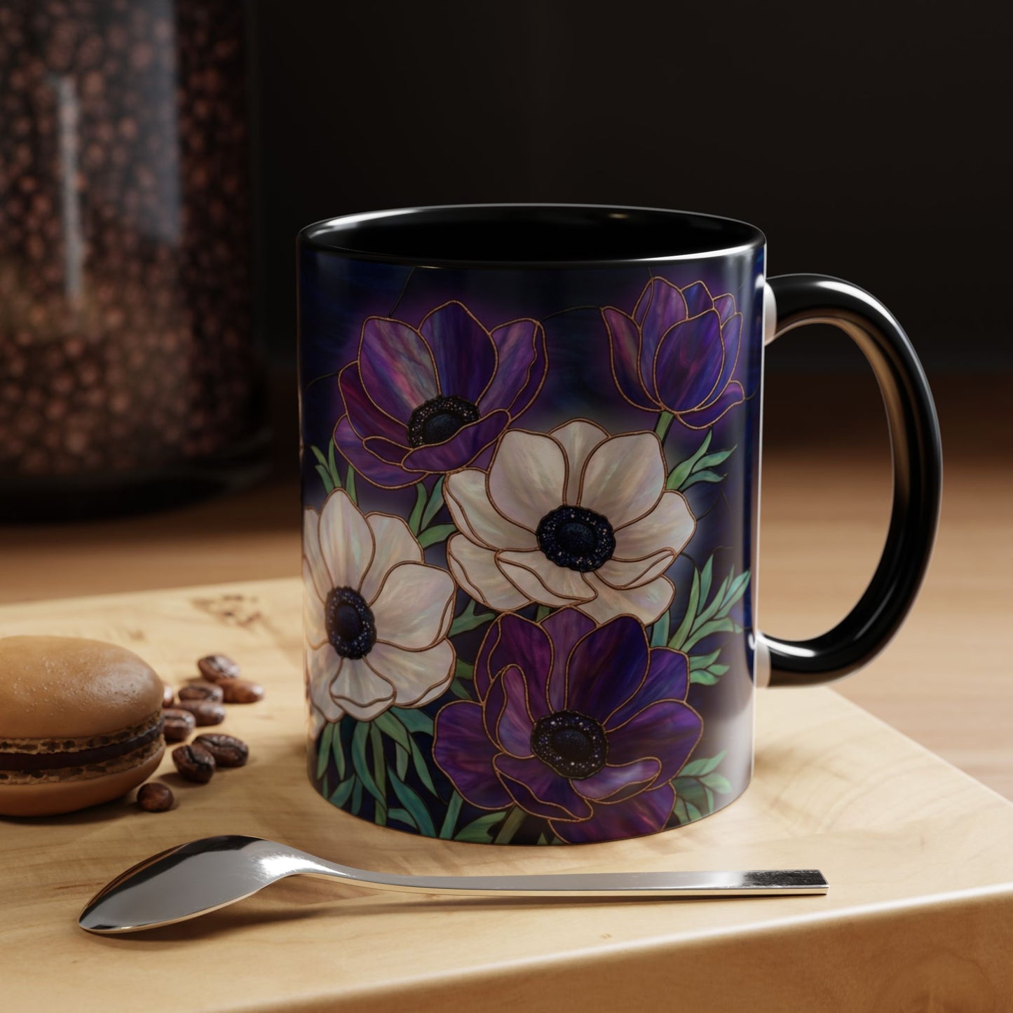Floral Anemone Accent Coffee Mug — Stained Glass Design 11/15oz - 14552