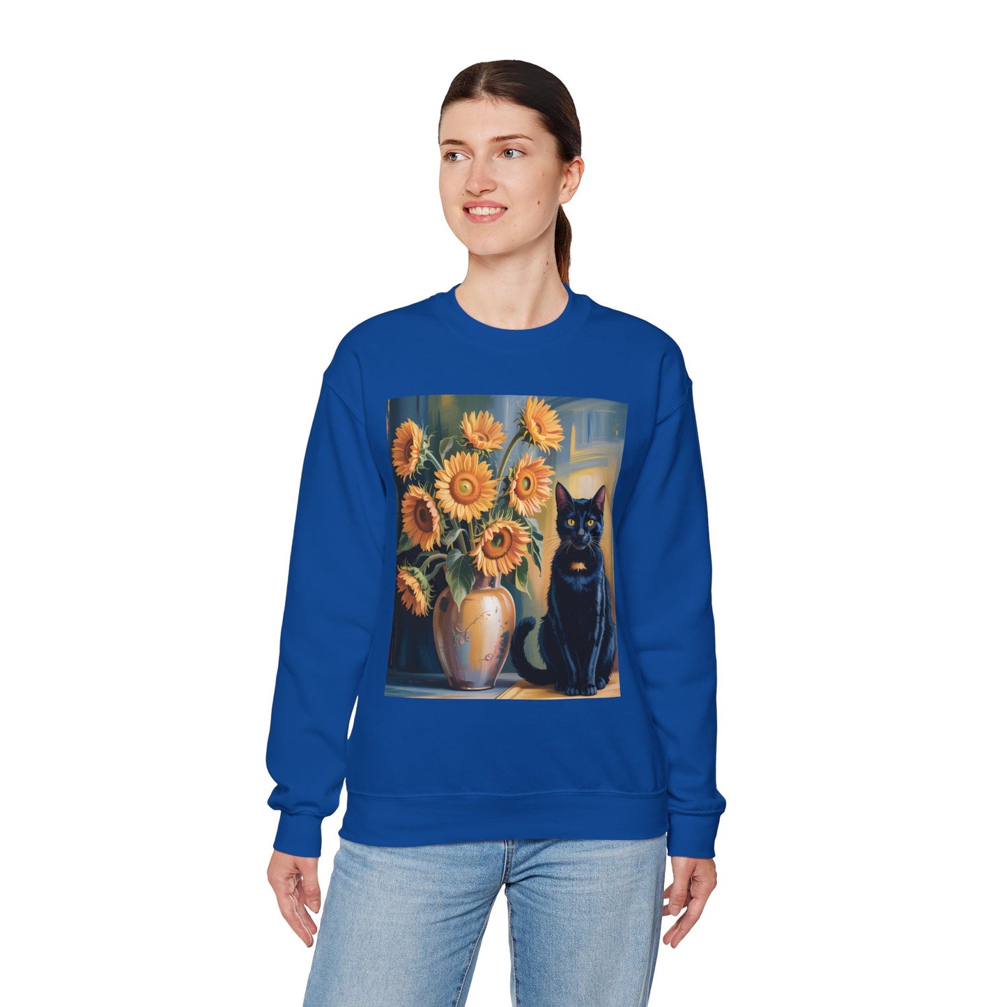 Van Gogh Style Black Cat & Sunflowers Sweatshirt – Art Lover Cozy Crewneck - 14766