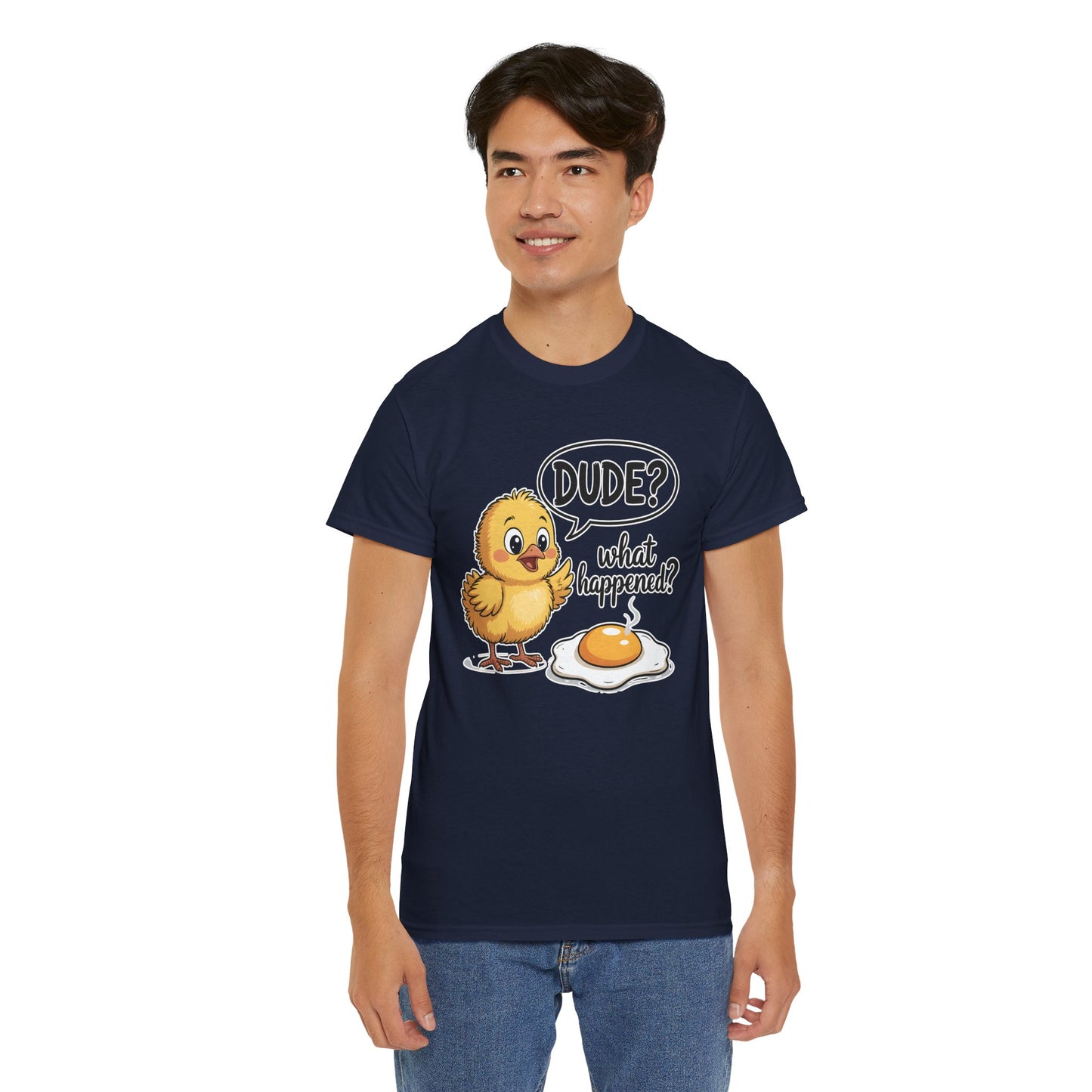 Funny Chicken T-Shirt – “Dude? What Happened?” Cute Chick & Egg Humor Tee Gift - 14849