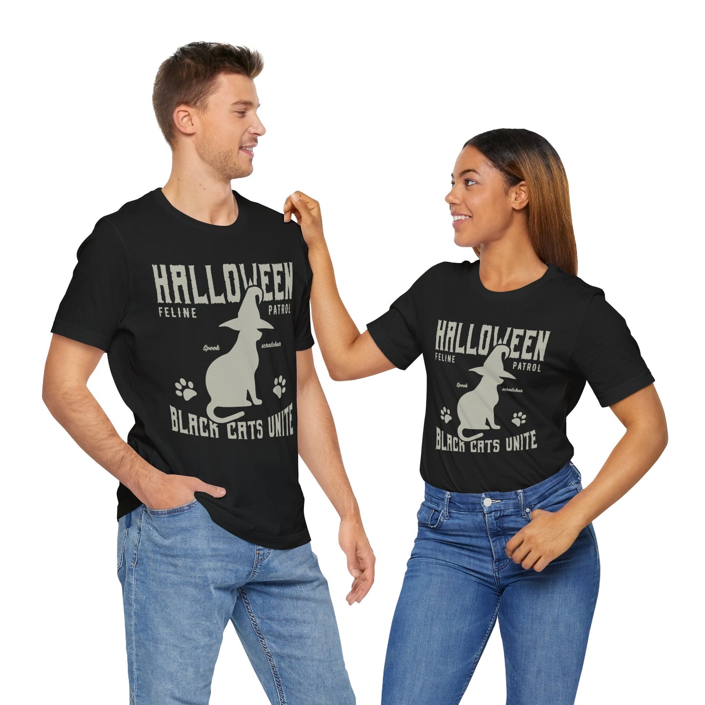 Halloween Feline Patrol, Spook Scratcher, Black Cats Unite  - Unisex Jersey Short Sleeve Tee - 12928