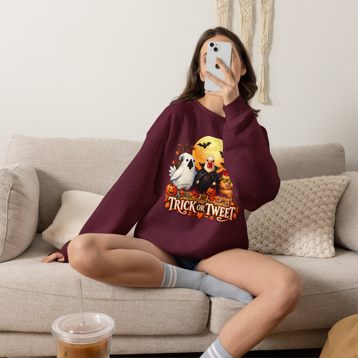 Trick or Tweet Halloween Sweatshirt, Cute Costume Chickens & Ghost Crewneck- 14512
