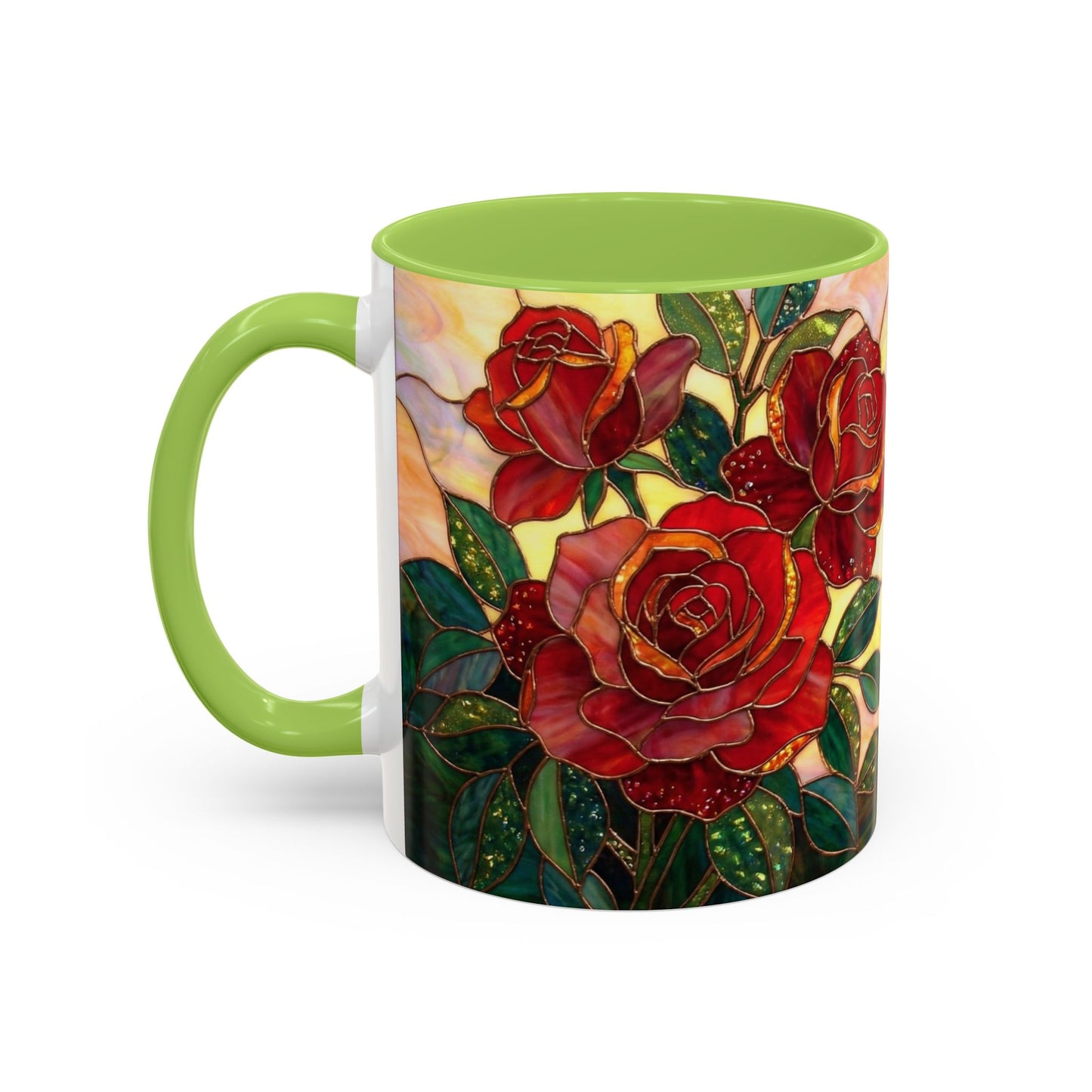 Rose Stained Glass Accent Coffee Mug – Red Roses Floral 11/15oz - 14539