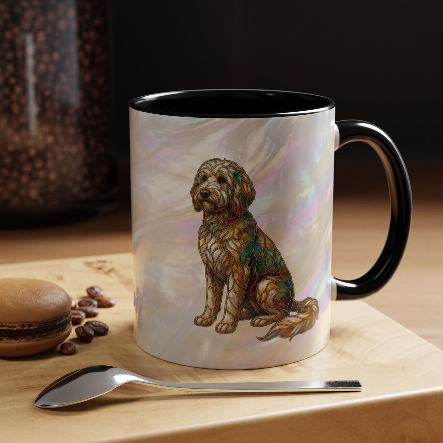 Personalized Dog (Goldendoodle) Coffee Mug - Accent Ceramic Mug with Name and Stained Glass Design - 14530