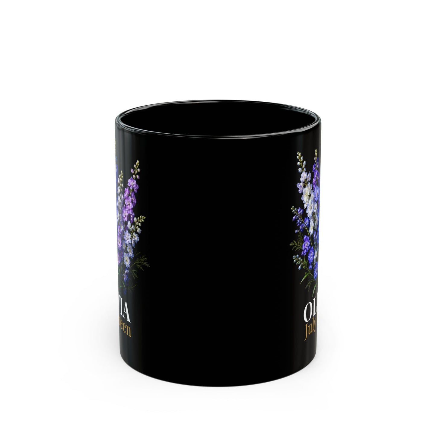 Personalized July Birth Flower Mug – Custom Name Larkspur Floral Coffee Cup, July Queen Gift for Her, Black Mug 11oz 15oz - 14907