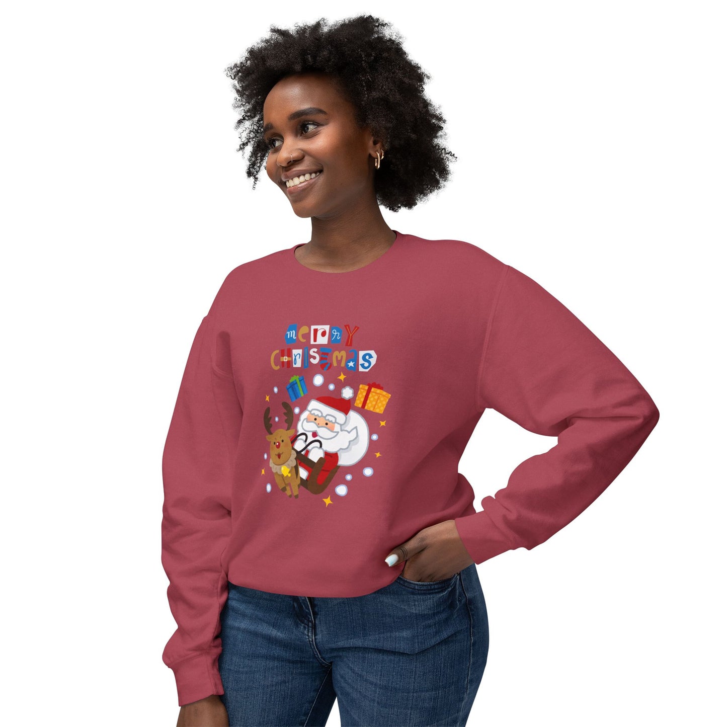Merry Christmas, Santa & Reindeer - Unisex Lightweight Crewneck Sweatshirt - 10470