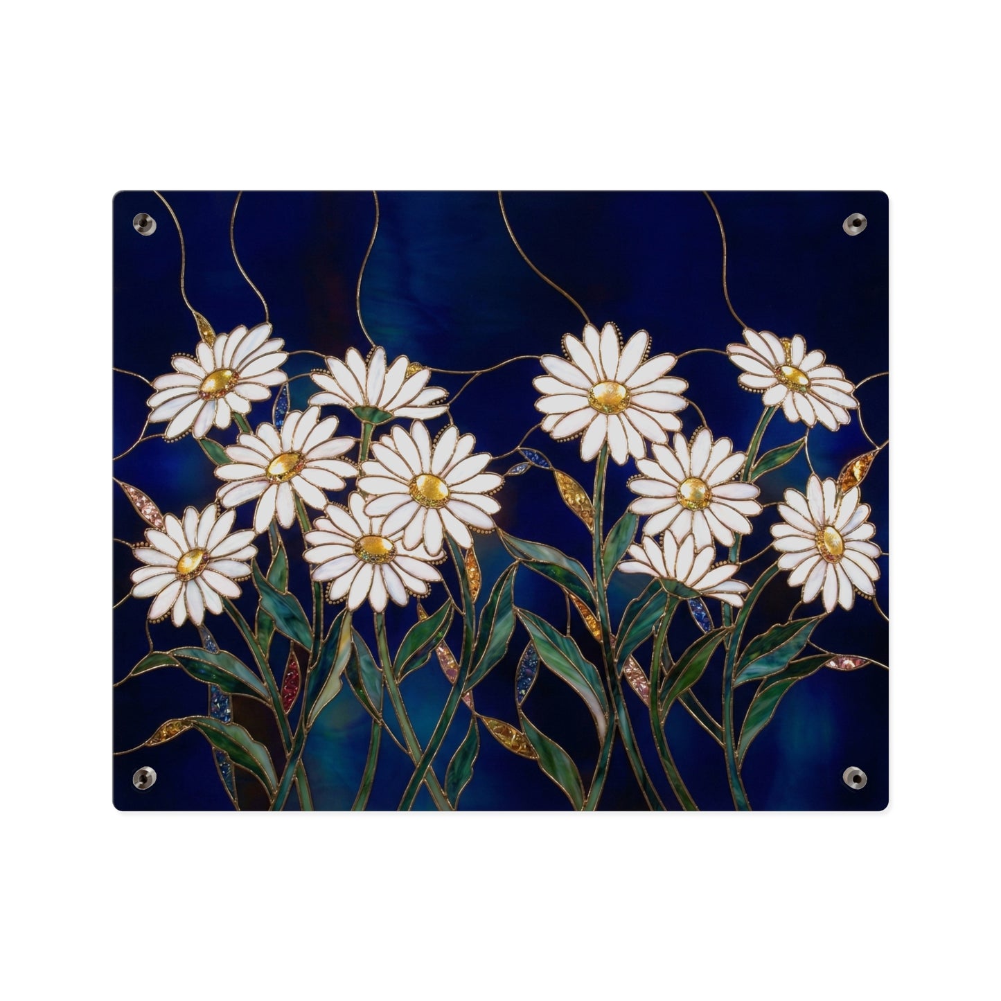Daisy Stained-Glass Acrylic Wall Art Panel — White Daisies on Deep Blue Background - 14602