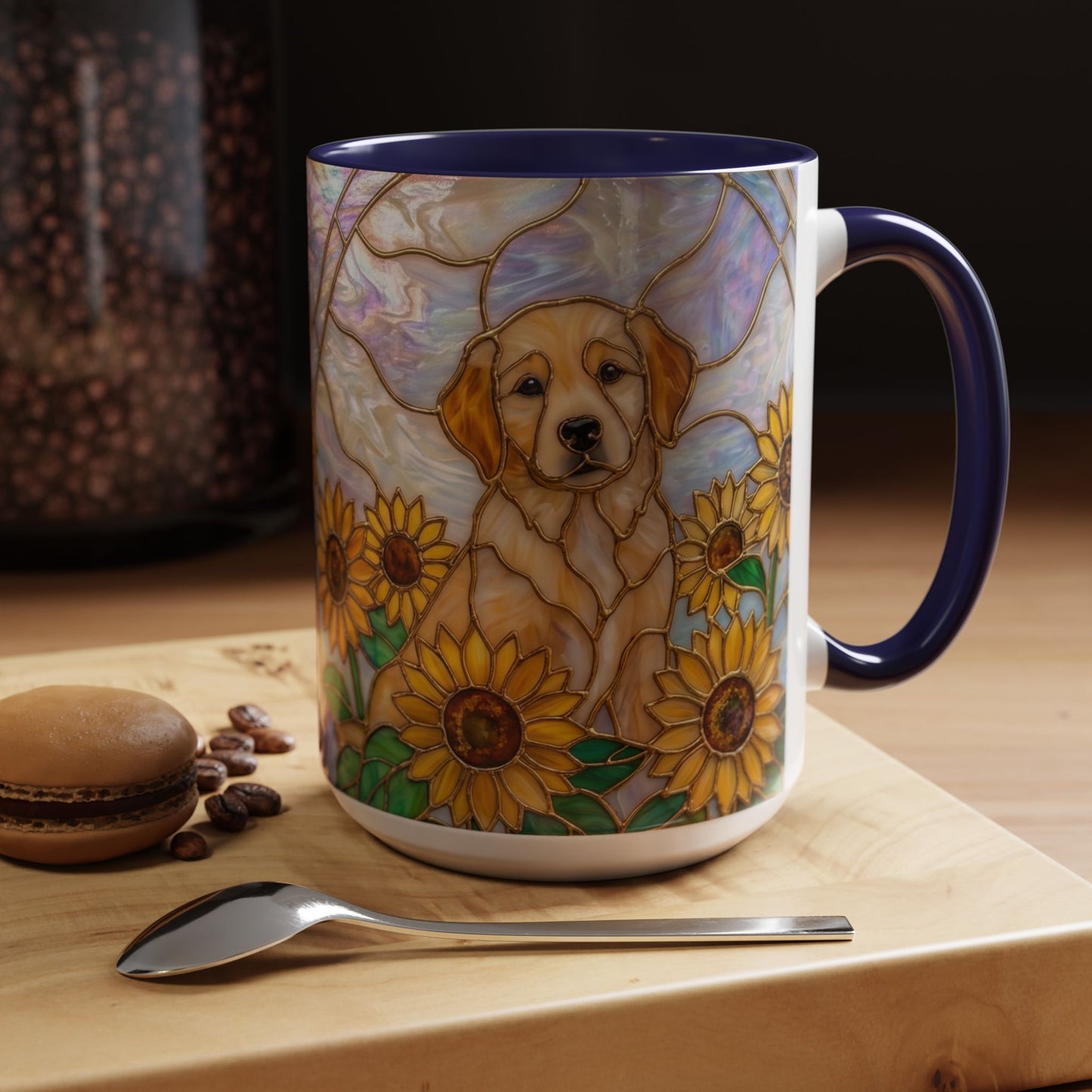 Sunflower Golden Retriever P uppiesAccent Coffee Mug –  Stained Glass Design (11/15 oz) - 14527
