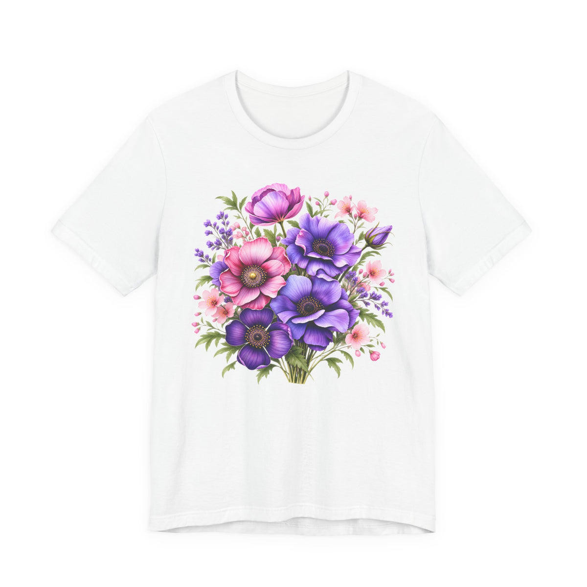 Purple & Pink Floral Bouquet T-Shirt, Colorful Botanical Flower Tee - 14537