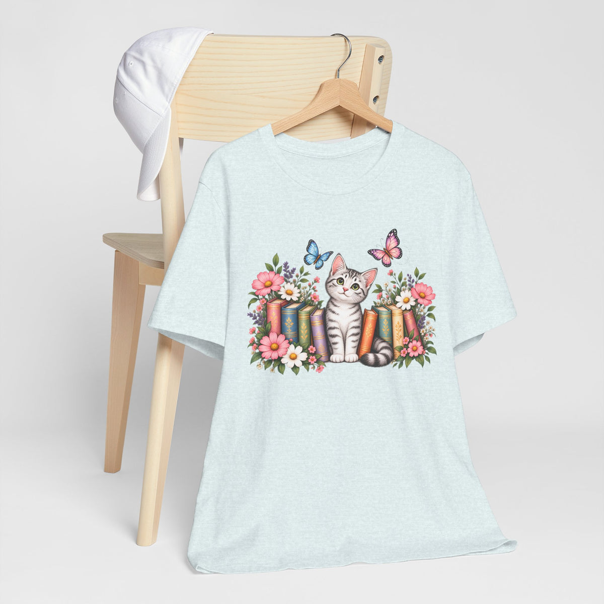 Cat & Books T-Shirt, Cute Floral Kitten & Butterfly Tee - 14526