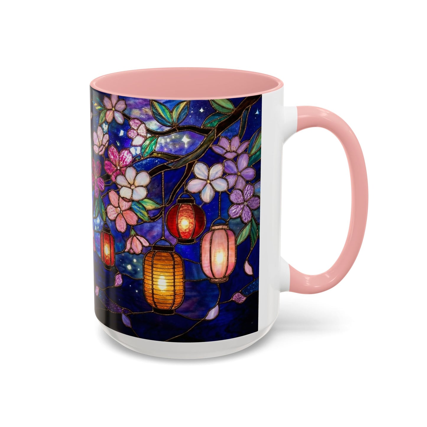 Cherry Blossom Lantern Coffee Mug — Floral Night Sky, Stained Glass Design (11/15 oz) - 14533