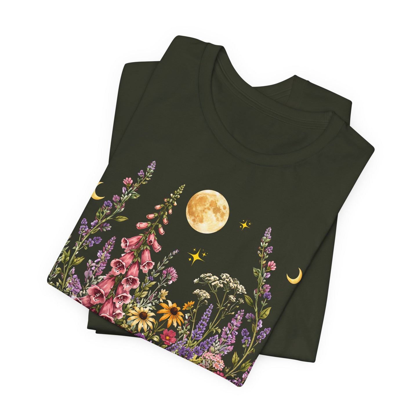 Floral Moon Garden T-Shirt, Vintage Wildflower & Celestial Graphic Tee - 14961