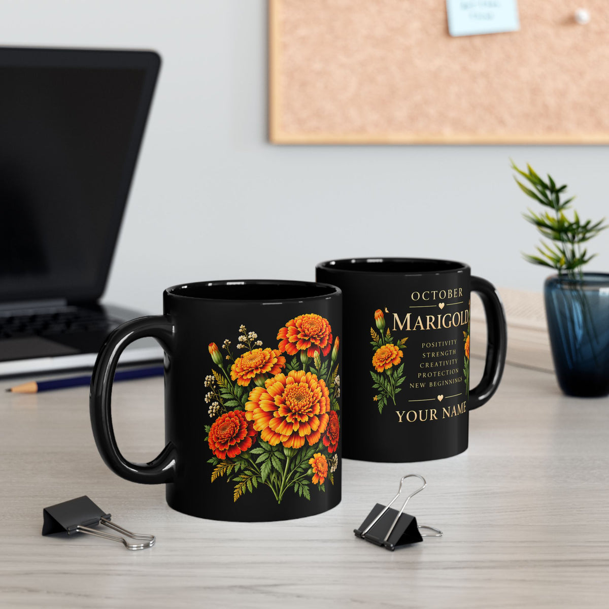 Personalized October Marigold Black Mug, Custom Name Birth Flower Coffee Cup - 14977