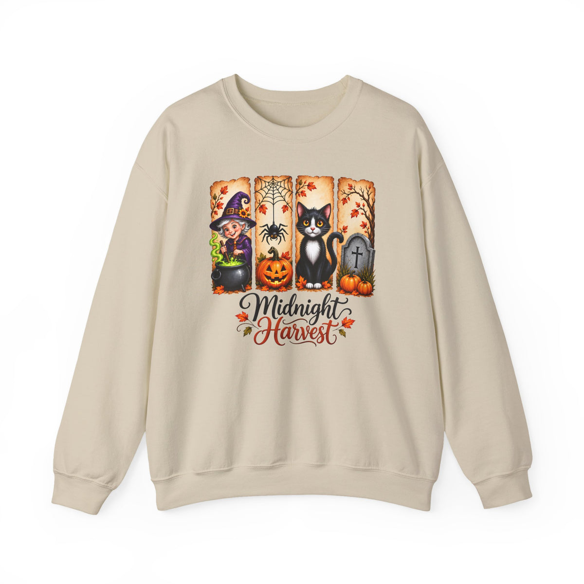 Midnight Harvest Halloween Sweatshirt, Witch, Black Cat, Pumpkins & Spooky Fall Crewneck - 14514