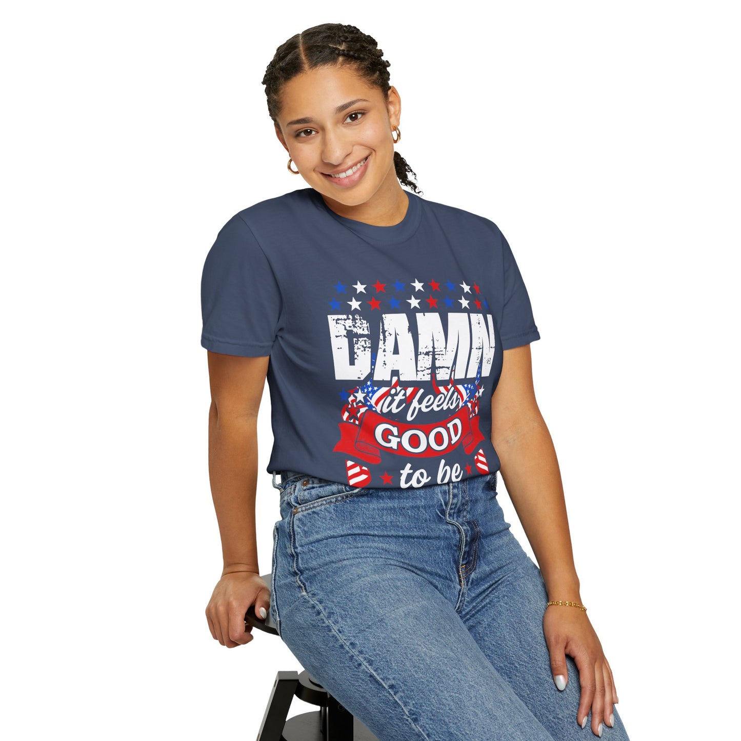 Patriotic T-Shirt with 'Damn it feels Good to be American' Design, Great for 4th of July, BBQs, and Casual Outings, Unisex Top - 13600