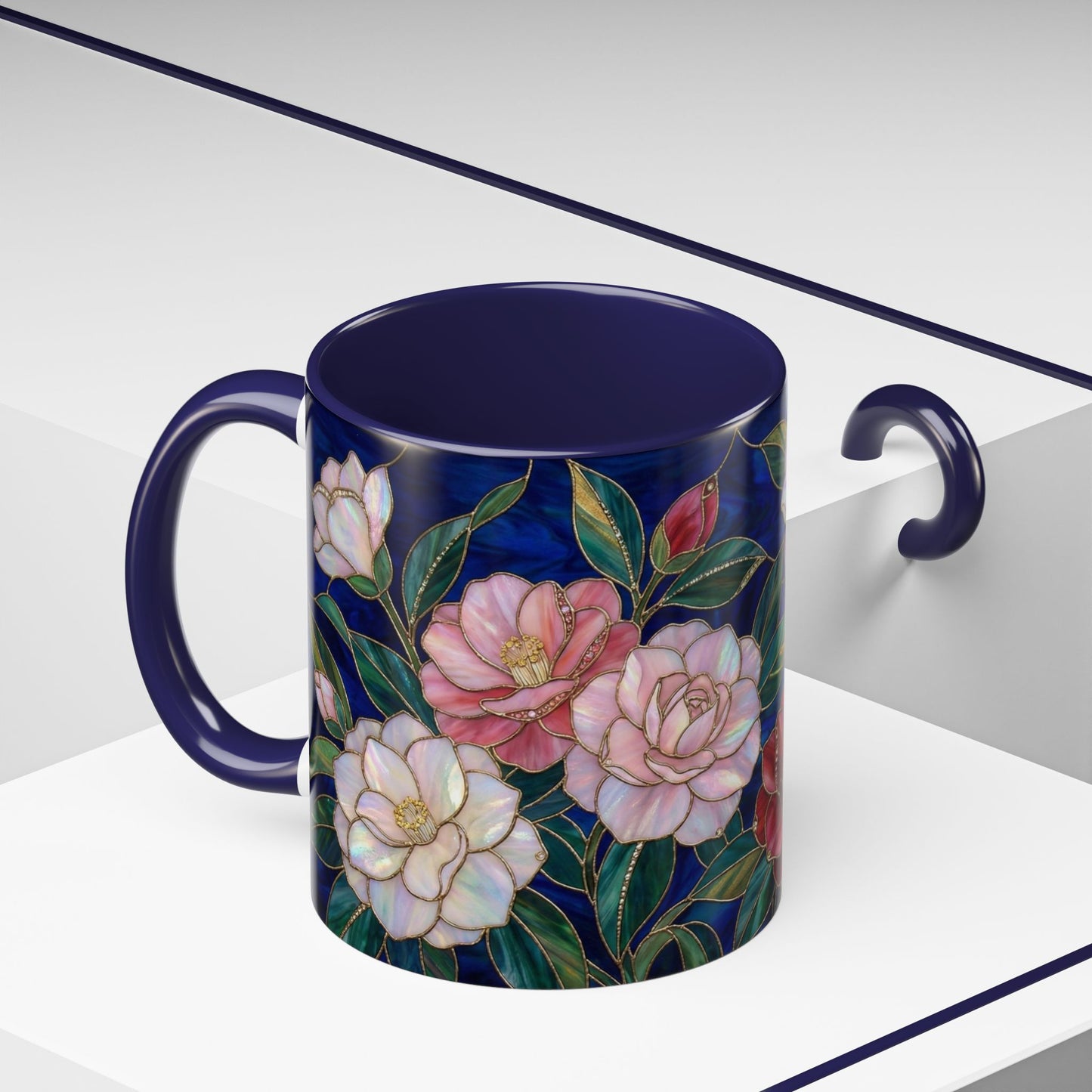 Camellia Floral Accent Coffee Mug — Stained Glass Design (11/15oz) - 14558