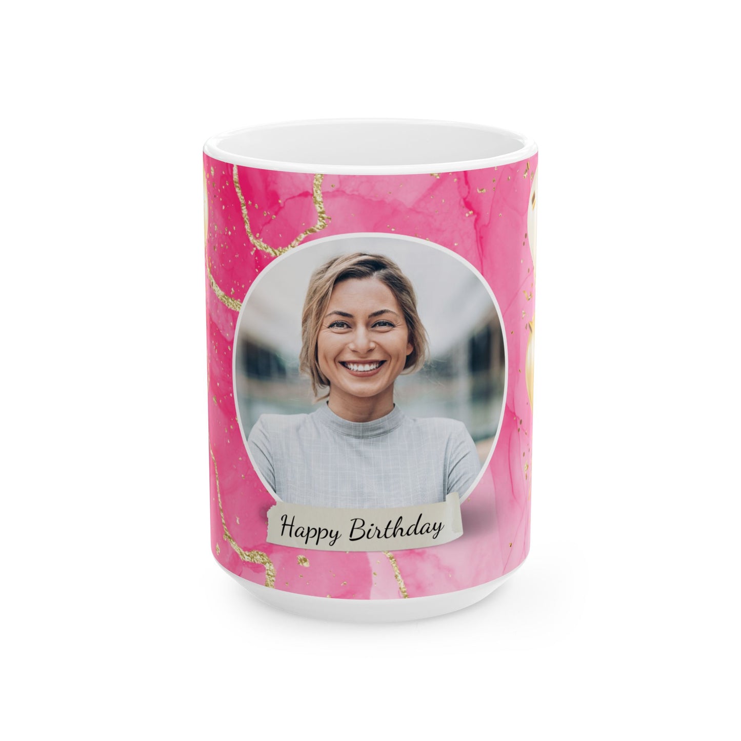 Happy Birthday Ceramic Mug, Personalized Gift, Celebration Drinkware, Pink Balloon Coffee Cup, Custom Photo Mug - 13992