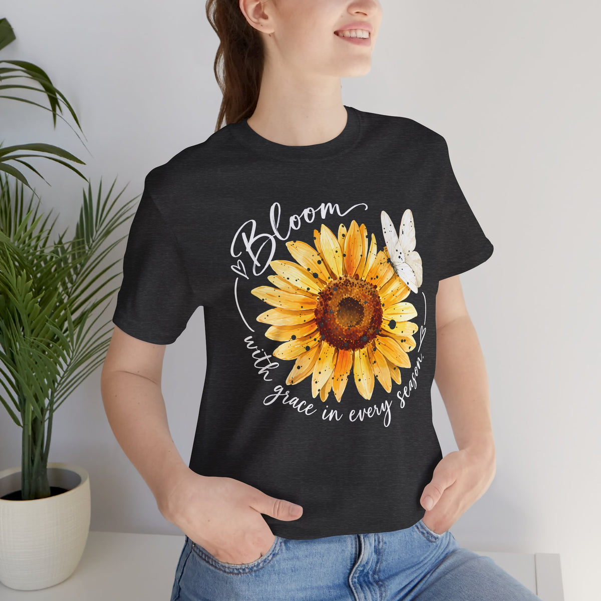 Sunflower “Bloom with Grace in Every Season” T-Shirt, Inspirational Floral Tee- 14502