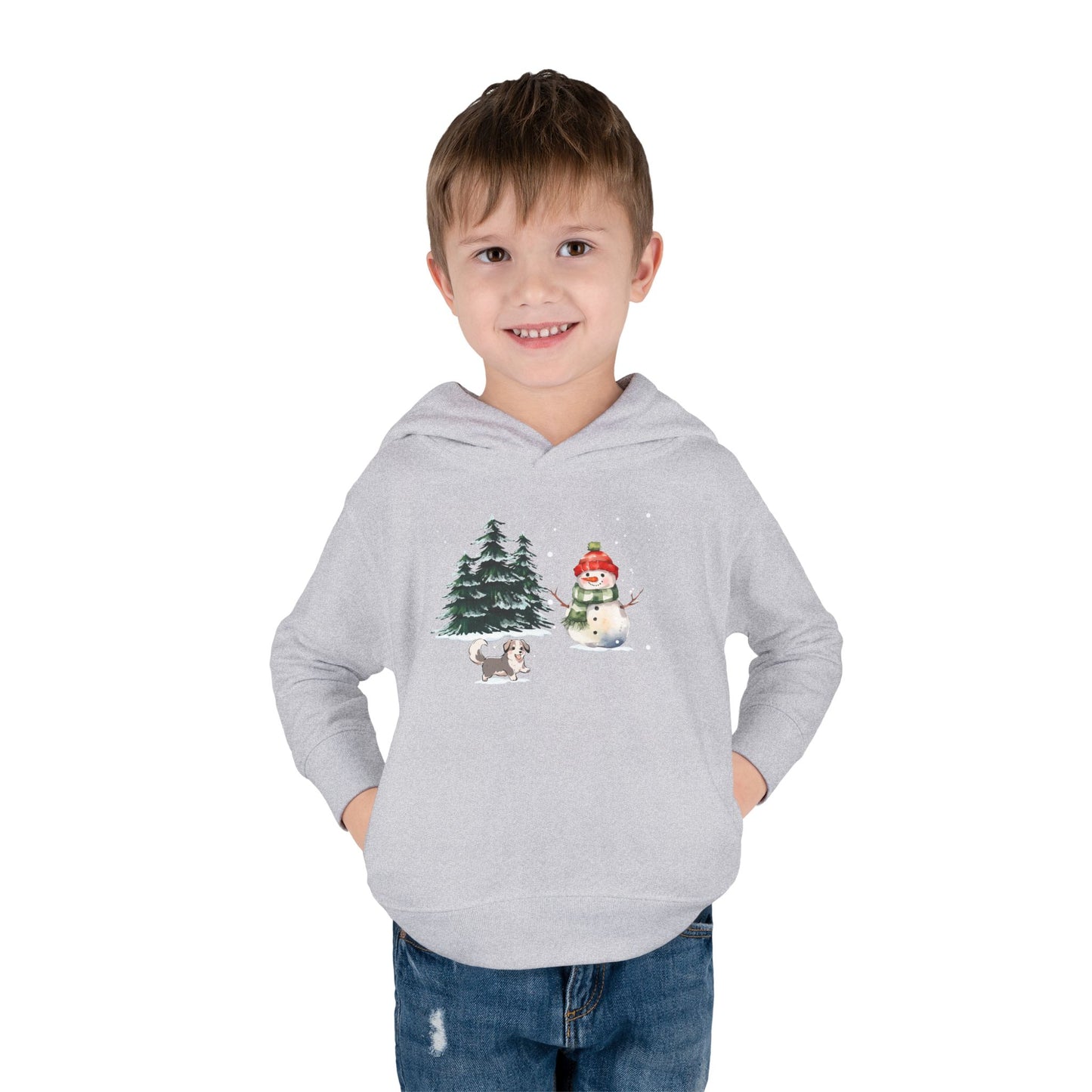 Winter Trees, Snowman & Puppy - Toddler Pullover Fleece Hoodie - 10270