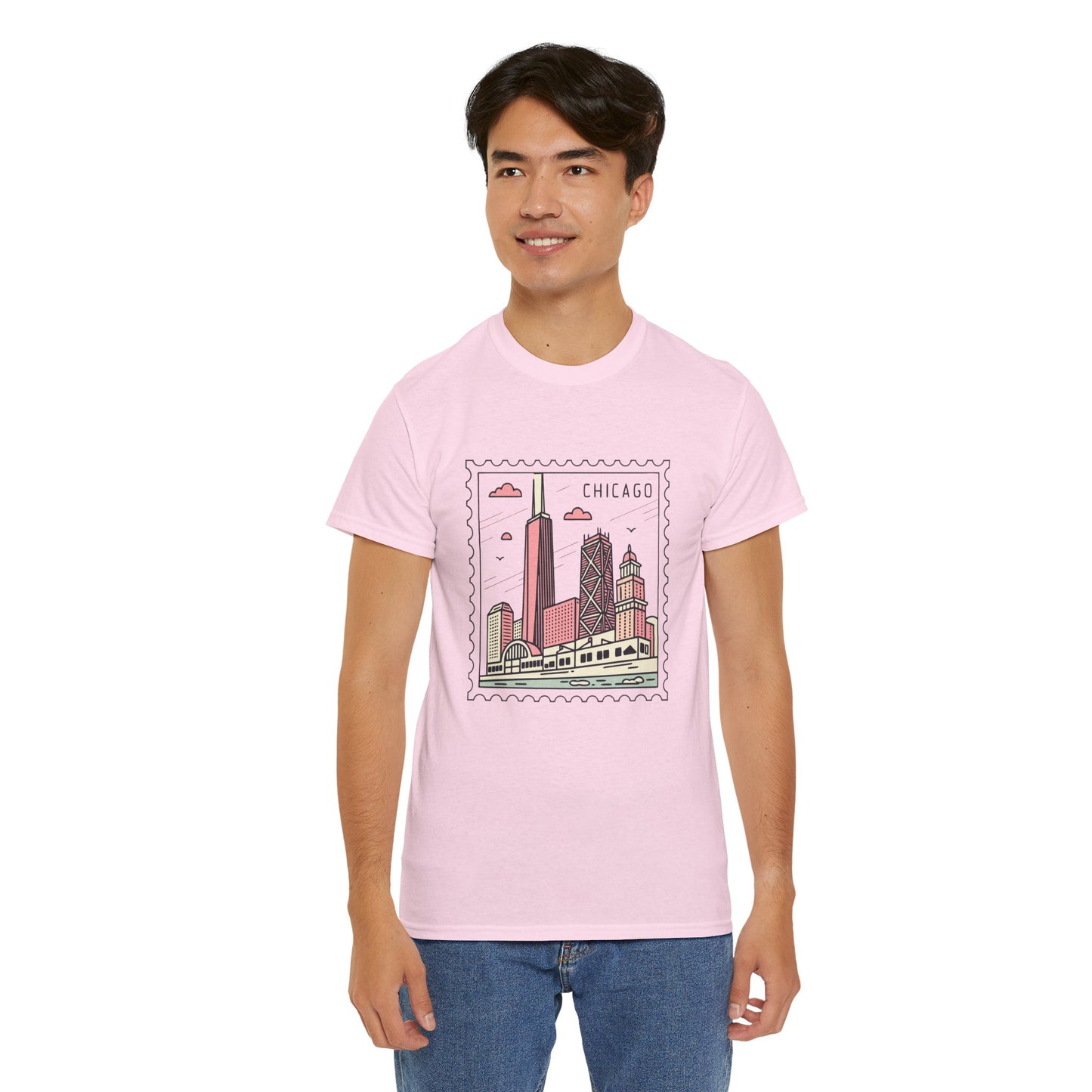 Chicago Skyline Postage Stamp Unisex Heavy Cotton Tee - 12130