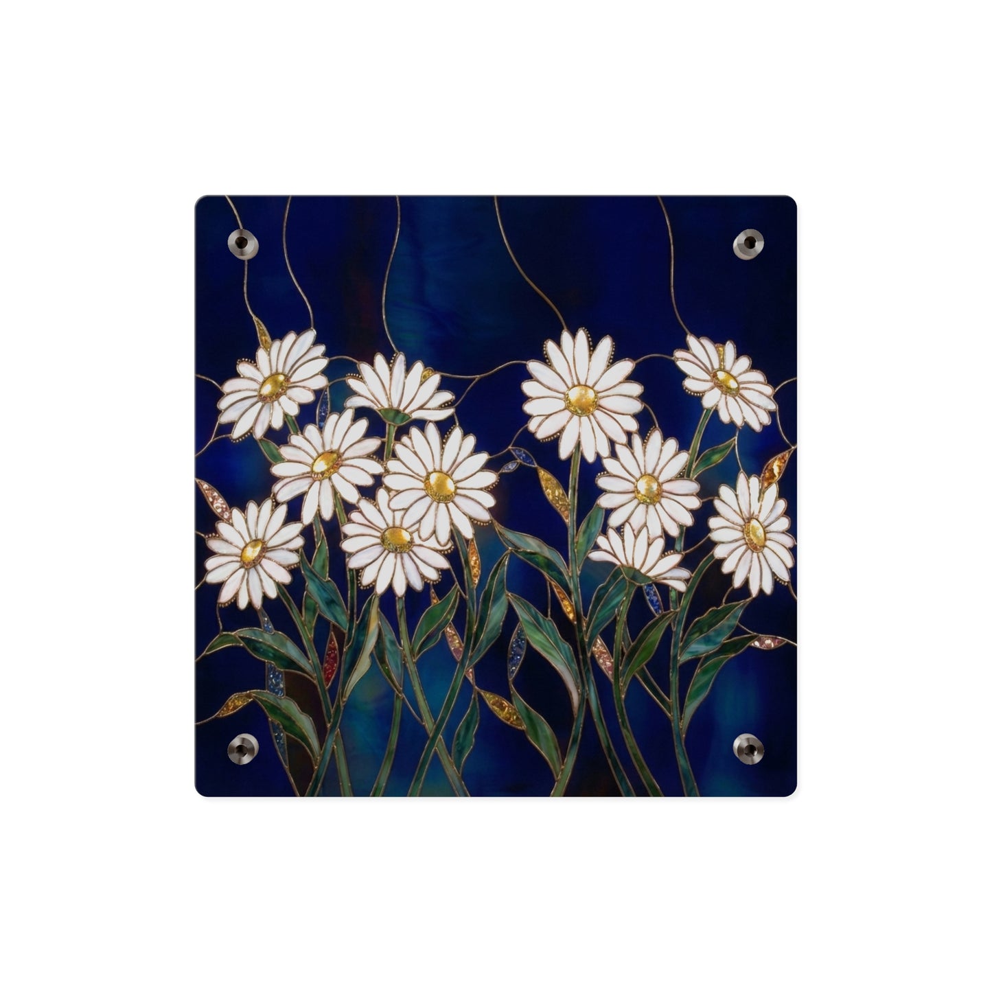 Daisy Stained-Glass Acrylic Wall Art Panel — White Daisies on Deep Blue Background - 14602