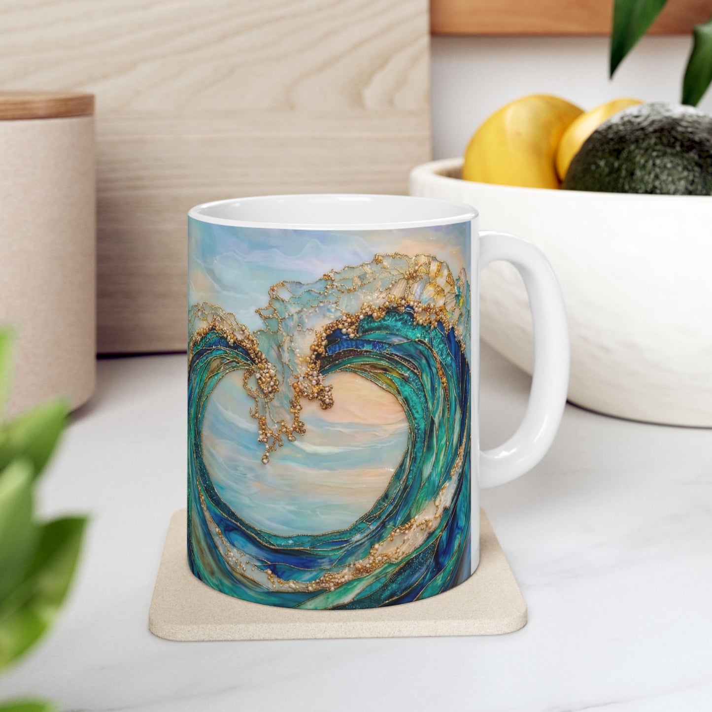 Ocean Wave Ceramic Mug — Teal & Gold Coastal Art Coffee Cup (11oz, 15oz) - 14522