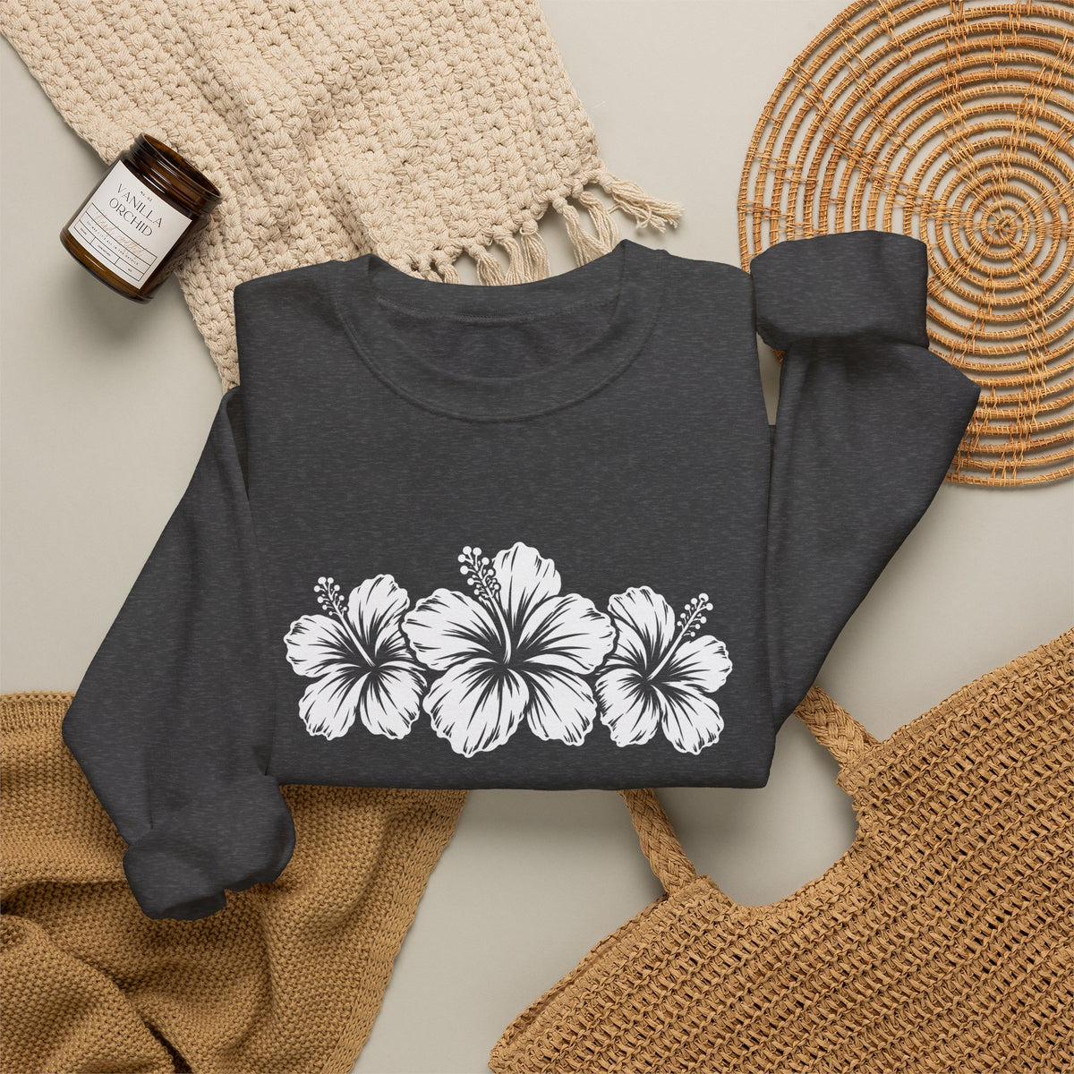 Hibiscus Floral Crewneck Sweatshirt,  Tropical Flower Graphic - 14996