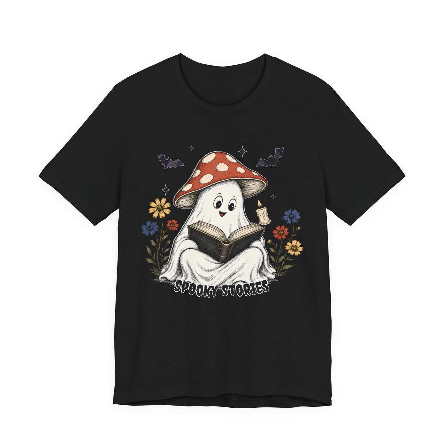 Spooky Stories Ghost T-Shirt, Cute Mushroom Ghost Reading Shirt for Halloween - 14970