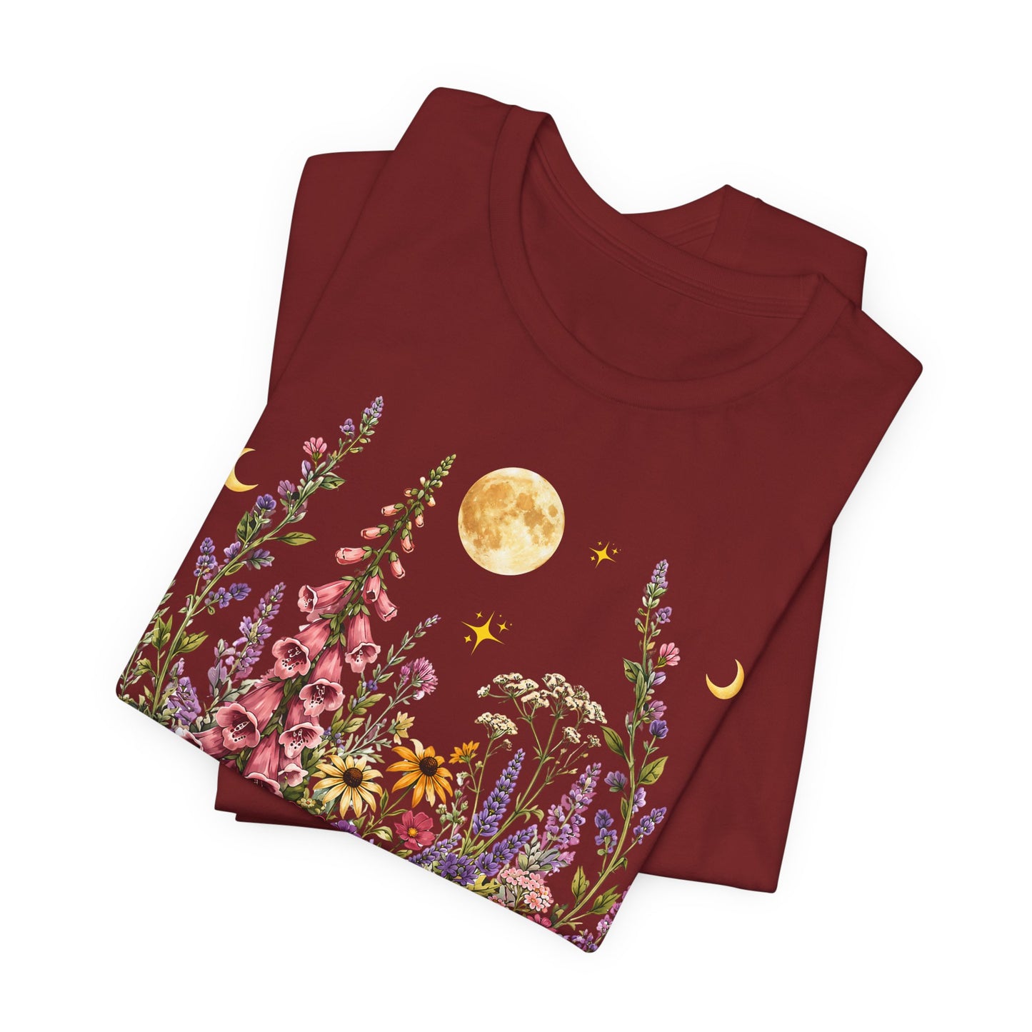 Floral Moon Garden T-Shirt, Vintage Wildflower & Celestial Graphic Tee - 14961