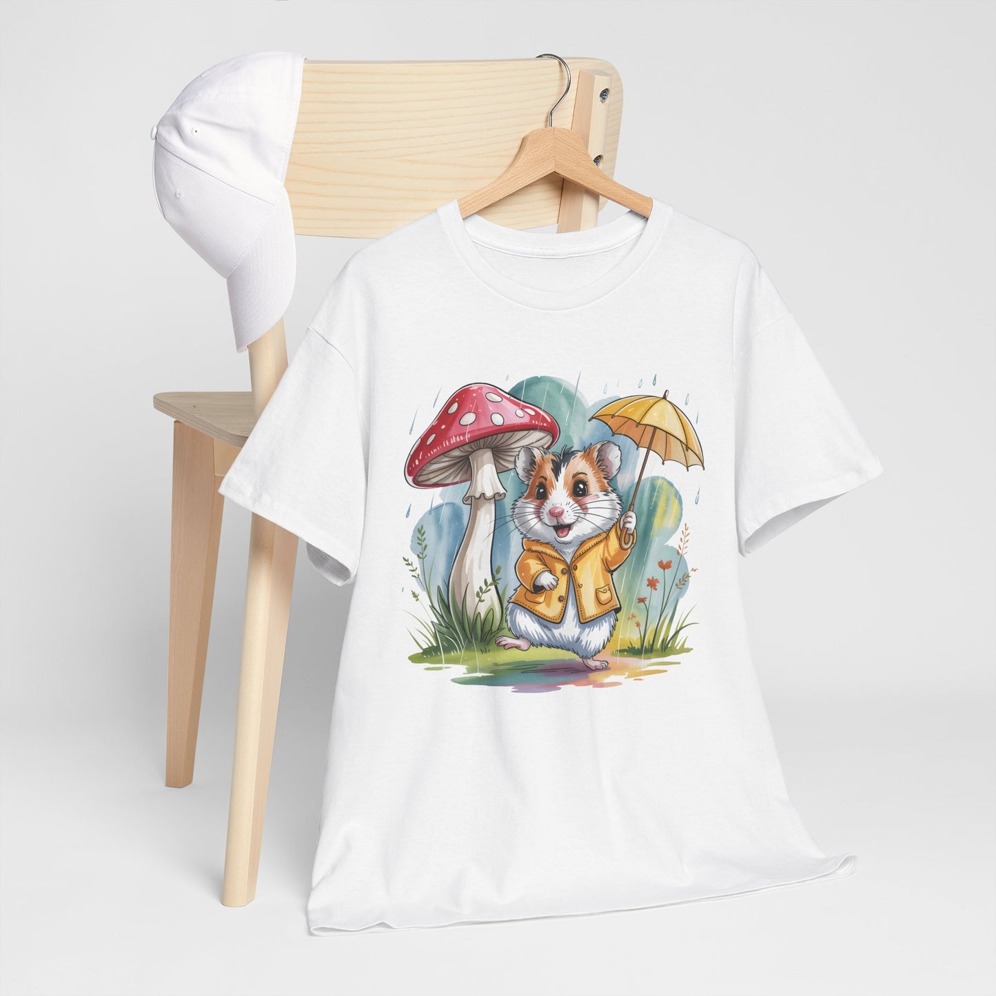 Cute Hamster T-Shirt – Raincoat Umbrella Animal Tee Watercolor Mushroom Gift - 14853