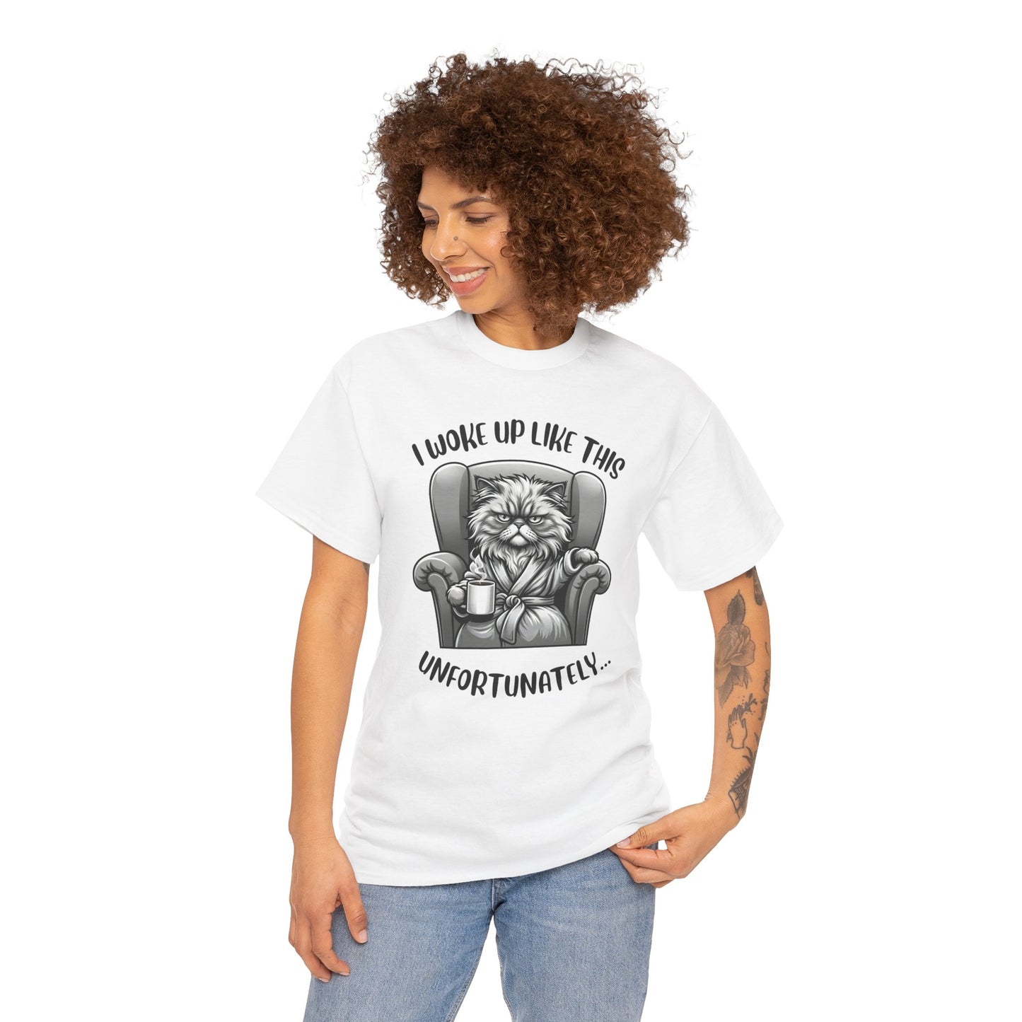 Funny Grumpy Cat T-Shirt – “I Woke Up Like This… Unfortunately” Graphic Tee- 14843