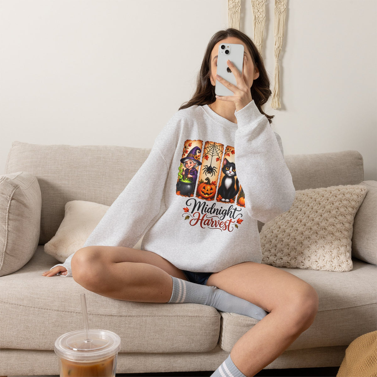 Midnight Harvest Halloween Sweatshirt, Witch, Black Cat, Pumpkins & Spooky Fall Crewneck - 14514