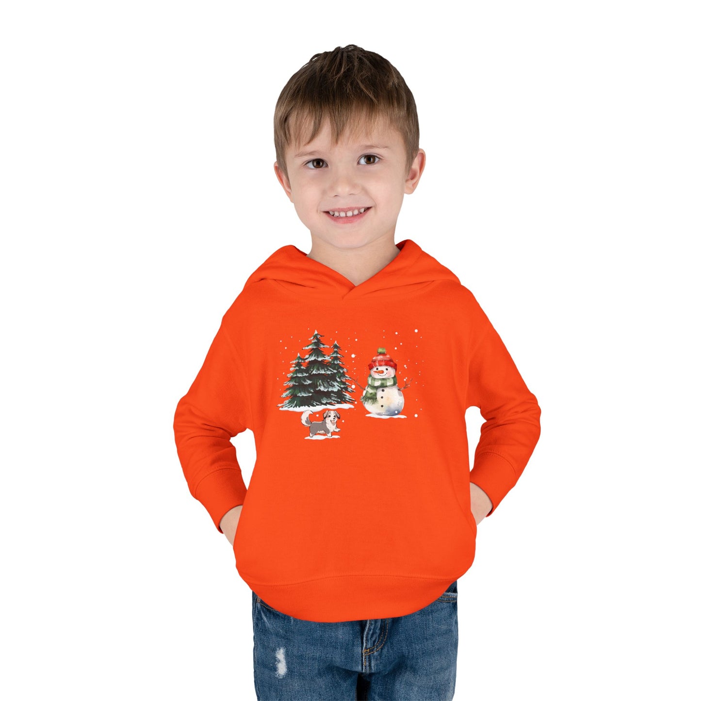 Winter Trees, Snowman & Puppy - Toddler Pullover Fleece Hoodie - 10270