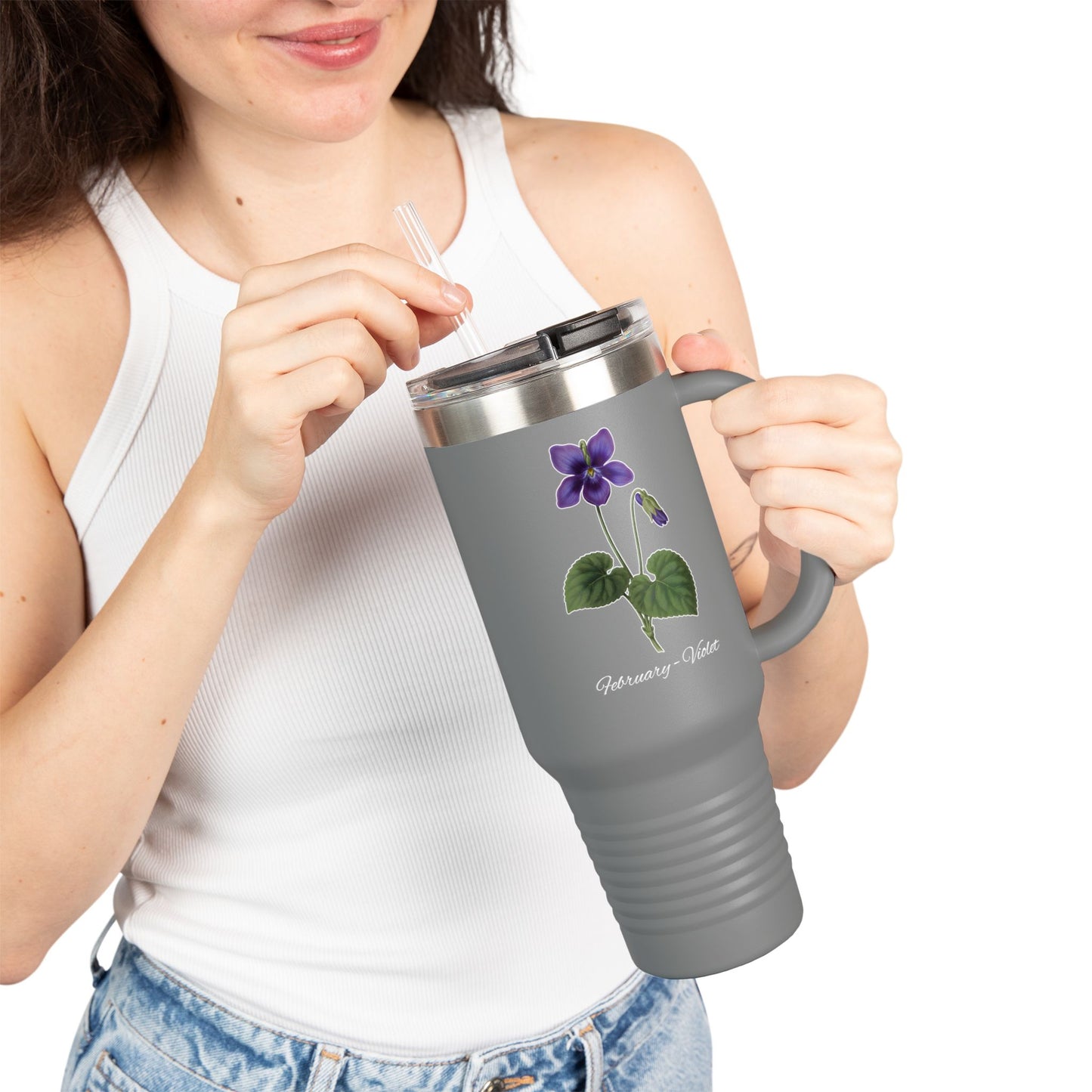 Violet (Single) Floral Tumbler – February Birth Flower Gift | 40oz Insulated Travel Mug, Customizable — 14698