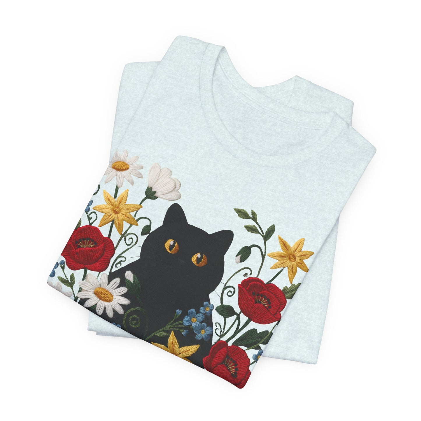 Black Cat in Wildflowers T-Shirt — Floral Cat Tee for Cat Lovers - 14921