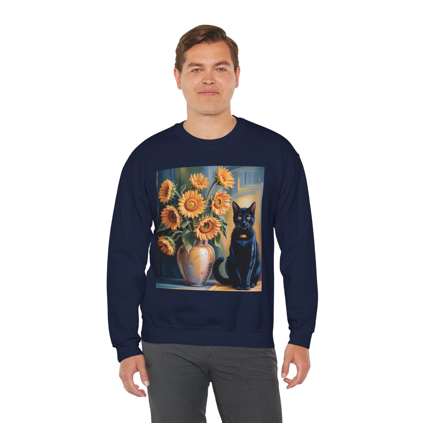 Van Gogh Style Black Cat & Sunflowers Sweatshirt – Art Lover Cozy Crewneck - 14766