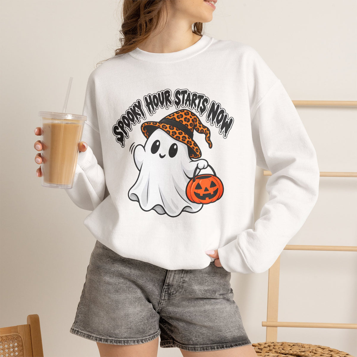 Spooky Hour Starts Now Sweatshirt, Cute Halloween Ghost Crewneck - 14536
