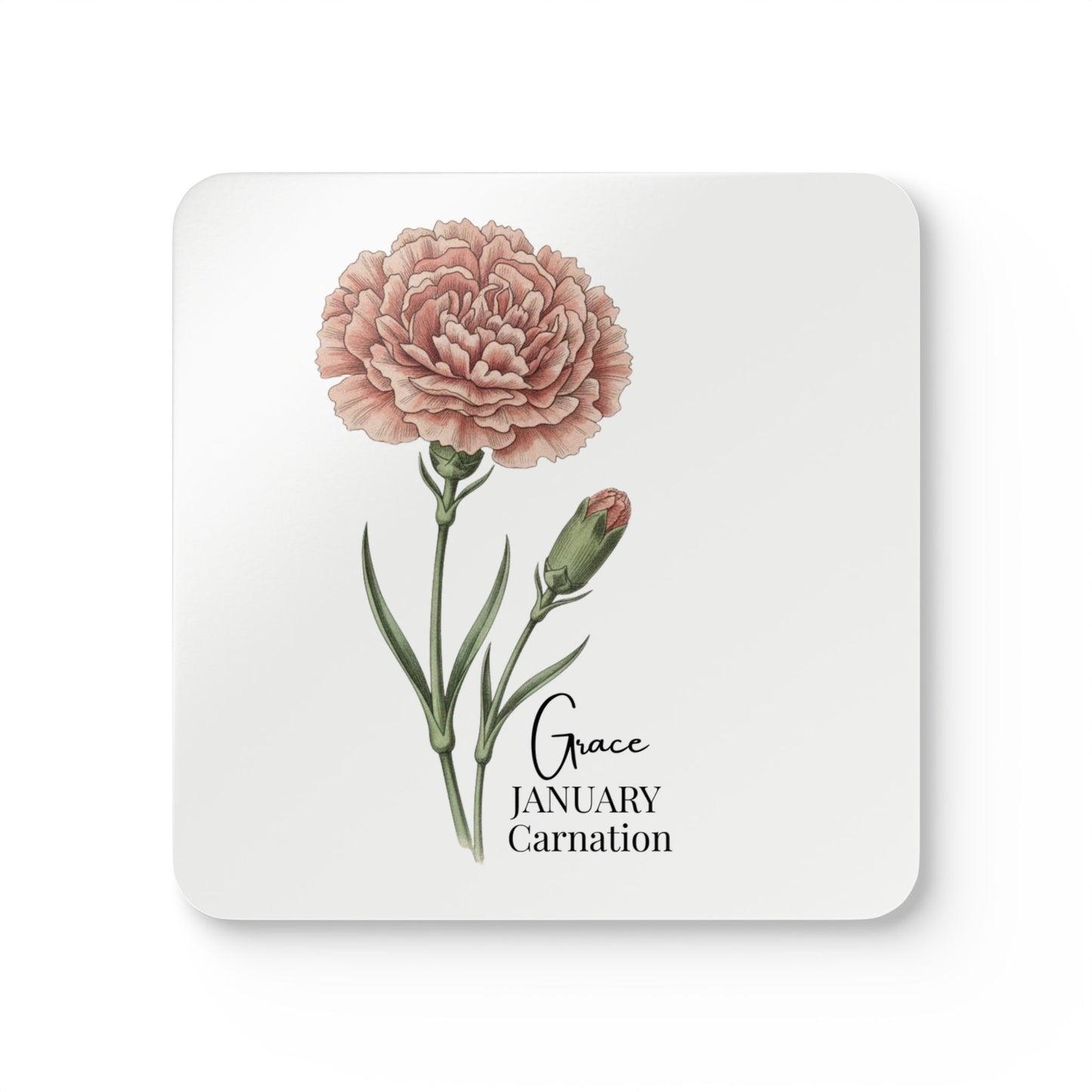 January Birth Flower Carnation Cork Coaster Set – Personalized Name Gift - 14690