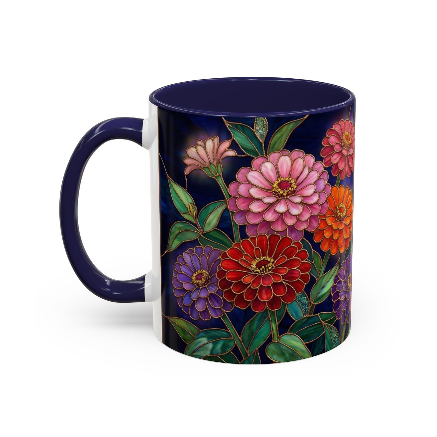 Zinnias Floral Accent Coffee Mug — Stained Glass Design 11/15oz - 14591