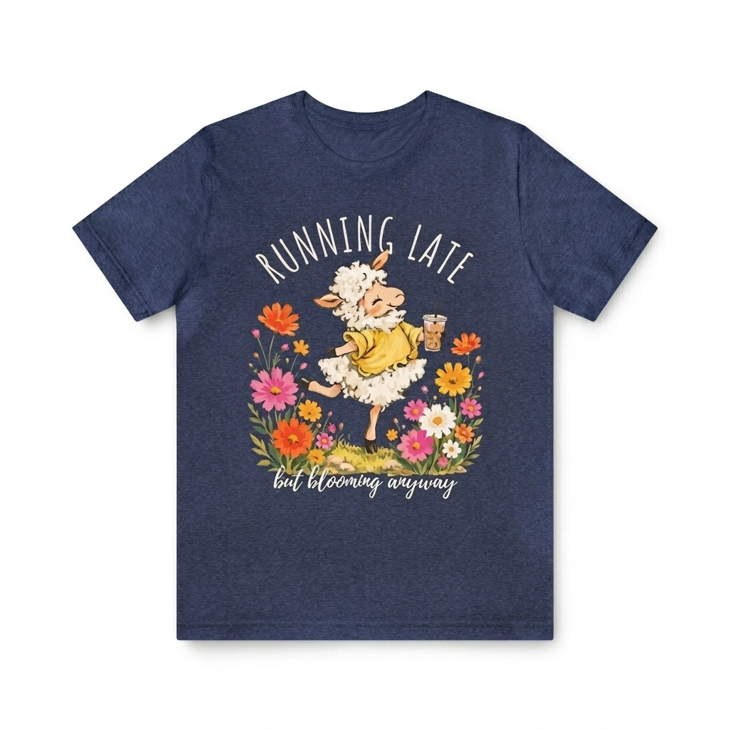 Running Late But Blooming Anyway T-Shirt, Cute Floral Lamb Graphic Tee - 14941
