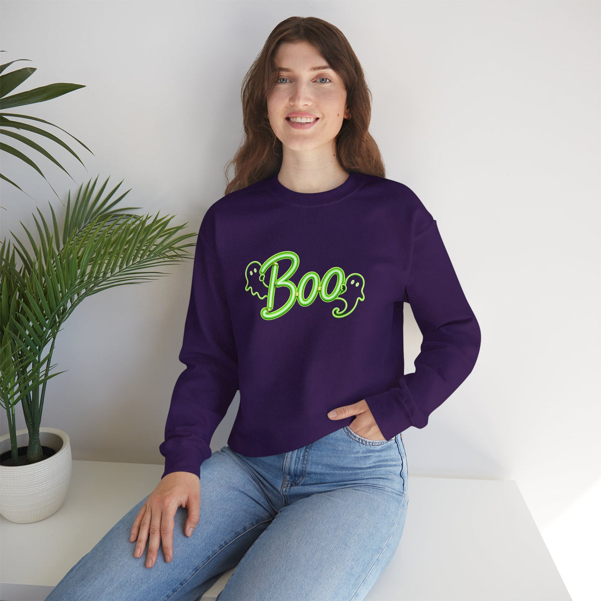 Neon Boo Halloween Sweatshirt, Cute Ghost Crewneck - 14517