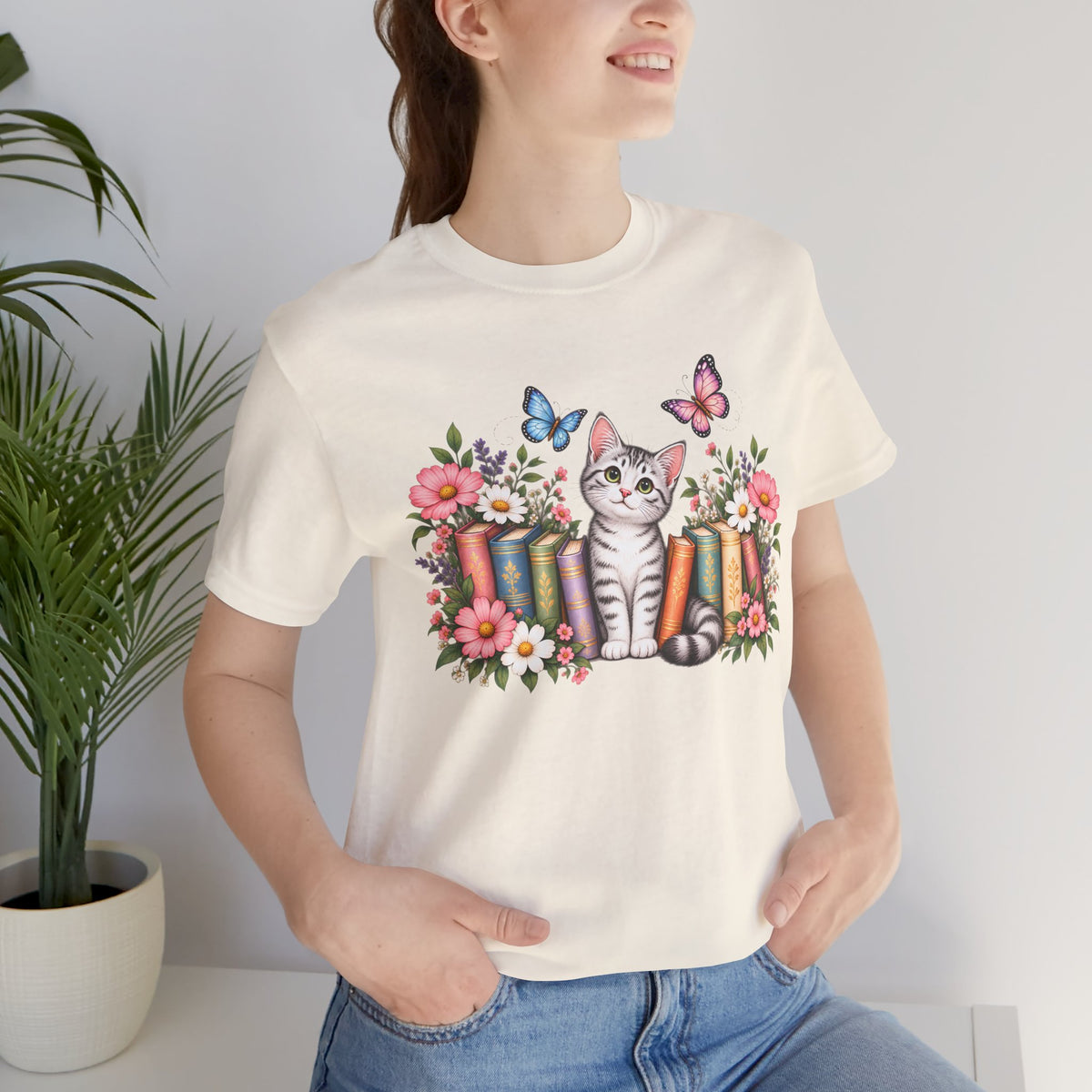 Cat & Books T-Shirt, Cute Floral Kitten & Butterfly Tee - 14526
