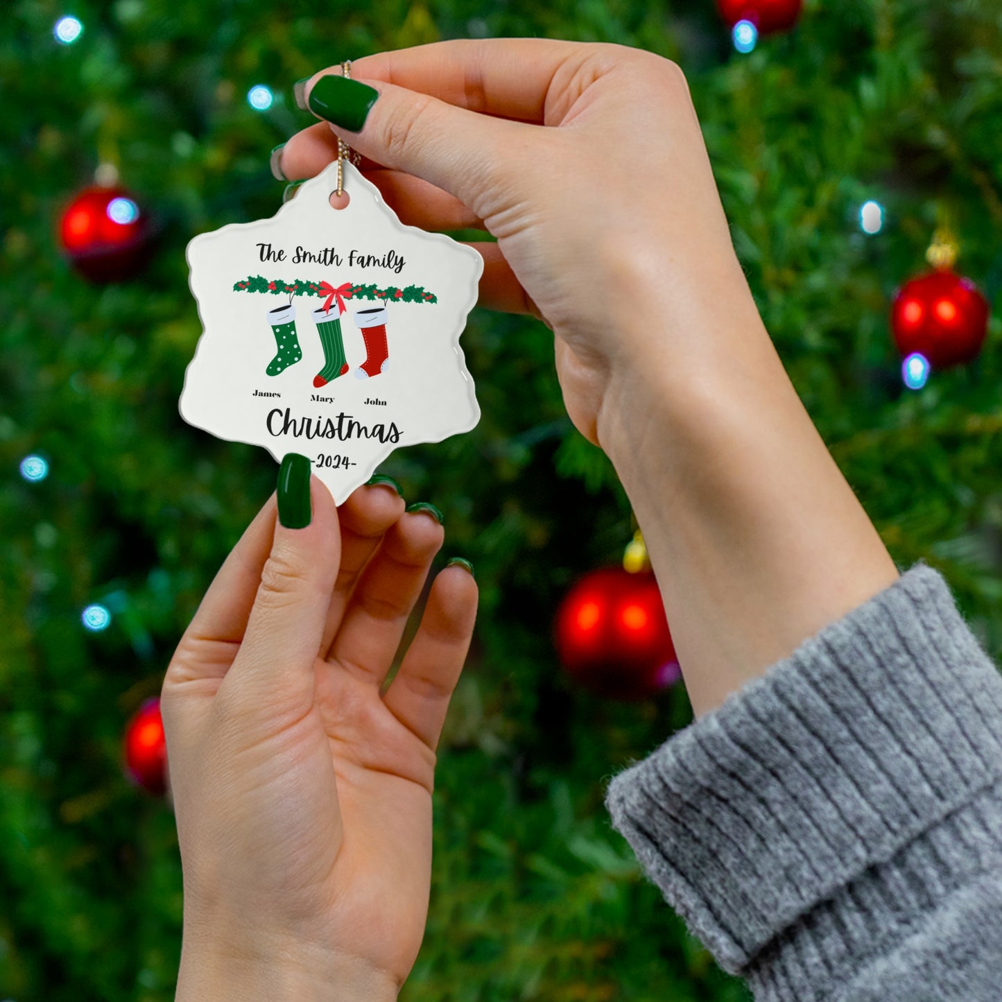 Stockings, Family of 3, Customizable - Ceramic Ornament, 2 Shapes, Circle & Snowflake - 10091