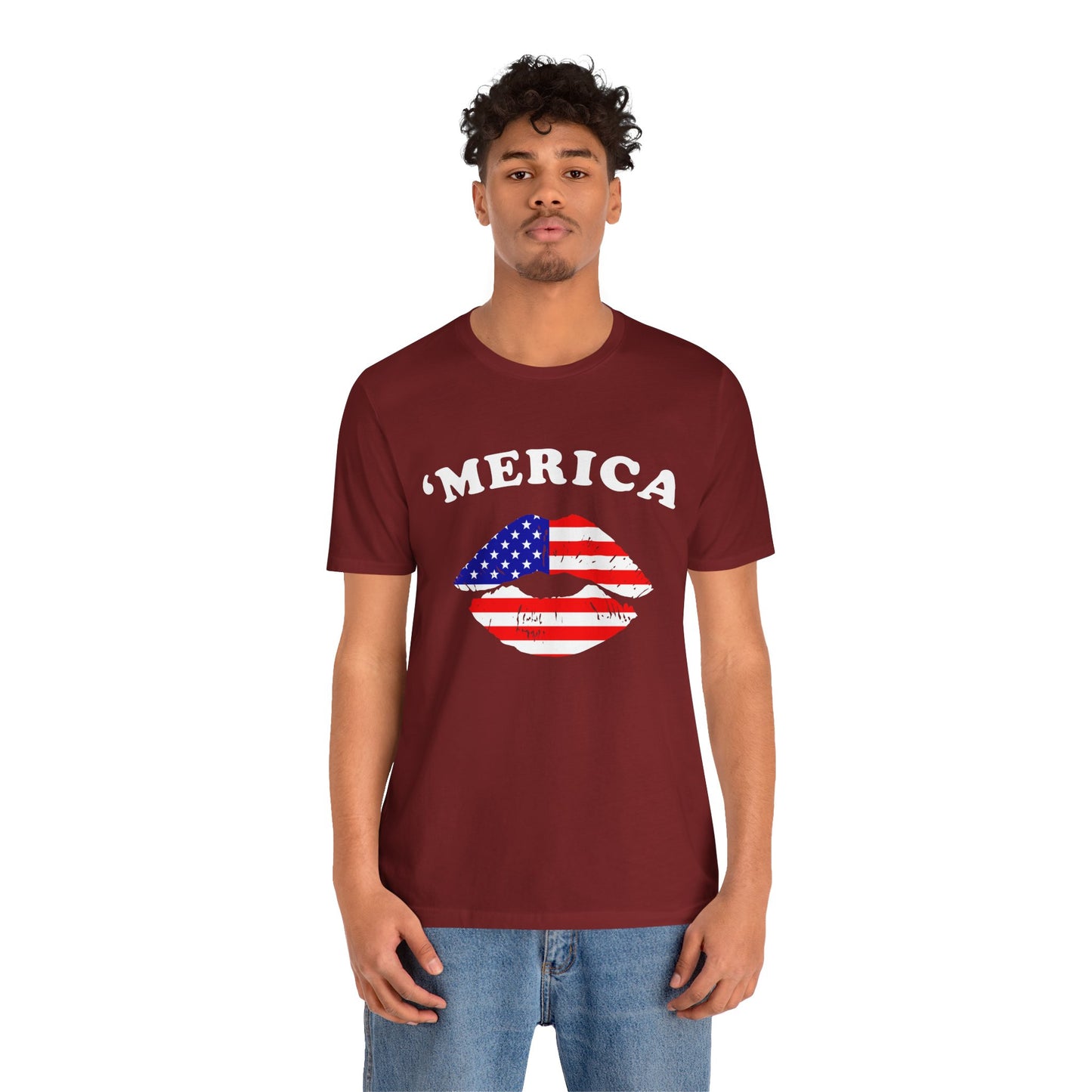 'Merica Unisex Jersey Tee, Patriotic Short Sleeve Shirt, USA Flag Design, Independence Day Apparel, Festival Wear, Summer Casual - 13519