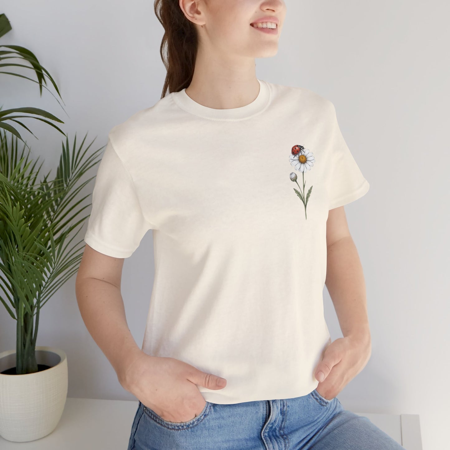 Daisy & Ladybug Floral T-Shirt, Minimal Wildflower Pocket Graphic Tee - 14963