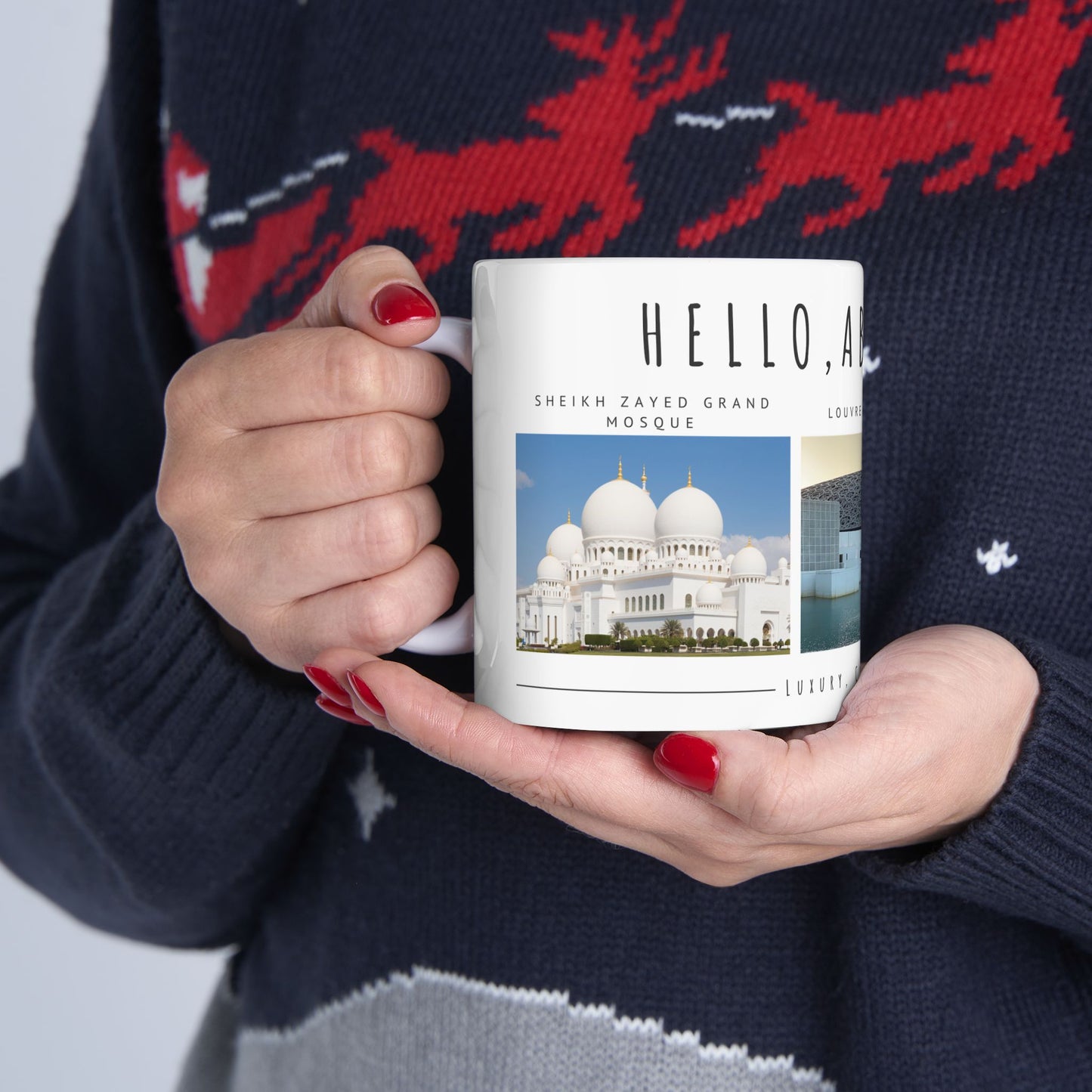 Hello Abu Dhabi! Ceramic Mug - 11oz & 15oz Coffee Cup with Scenic Design - 12097